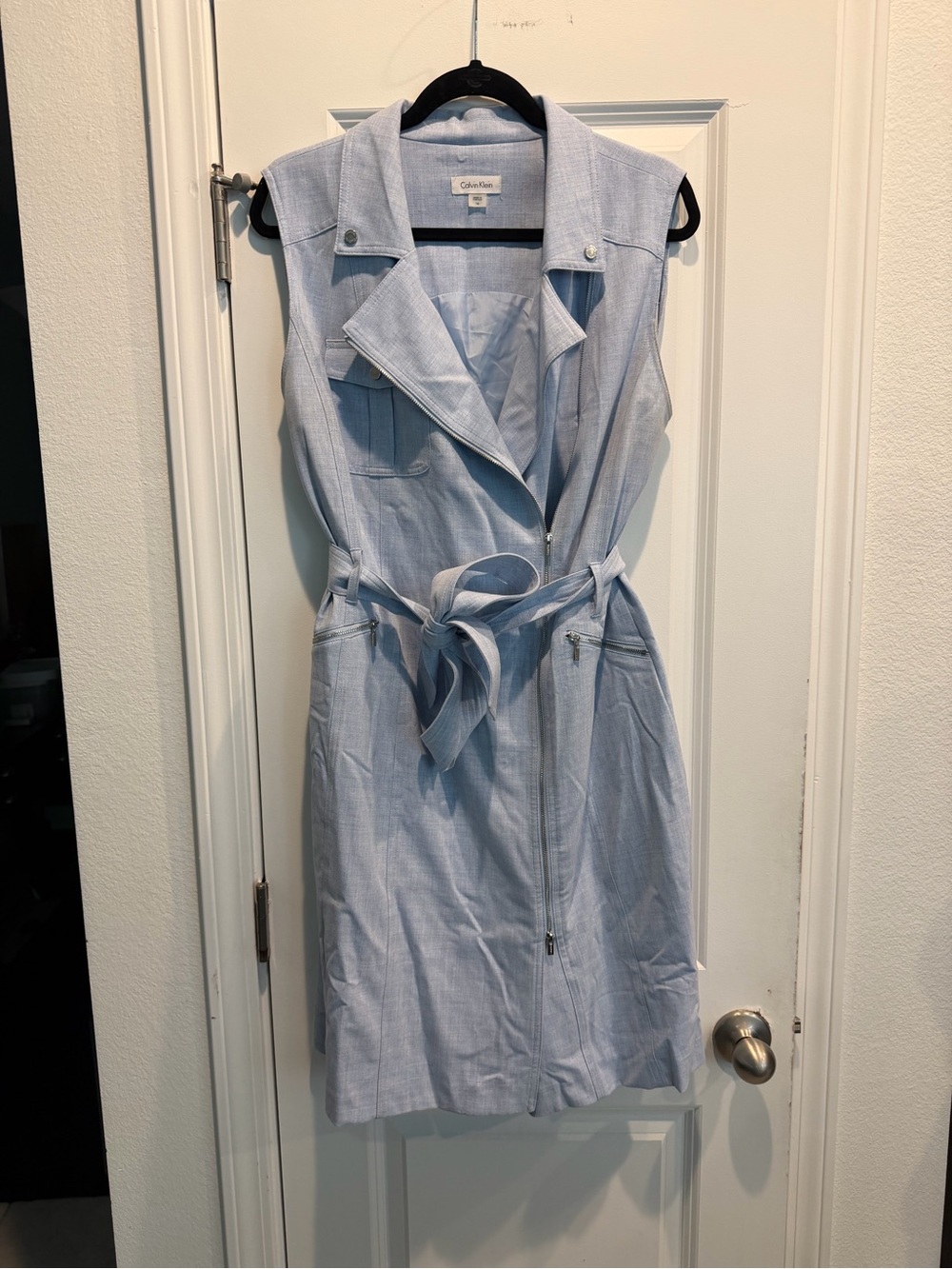 Calvin Klein Light Blue Sleeveless Zip-Front Belted Midi Dress